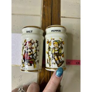 Hummel Salt Pepper Shakers Porcelain Children Japan Gold Trim